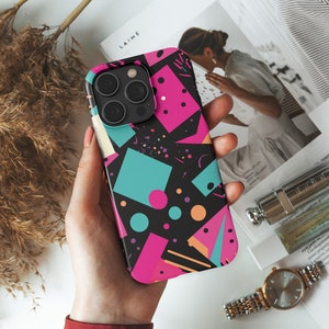 Retro 80s 90s Pink and Black Memphis Confetti Inspired Y2K Phone Case iPhone 15 14 13 12 Case 11 Case 13 Pro Max Case 12 Pro Case Mini Case