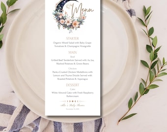 Over the Moon Baby Shower Menu, Floral Moon, Gender Neutral, Editable Digital Template, Instant Download