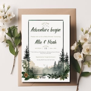 Let the Adventure Begin Baby Shower Invitation, Pine Trees Baby Shower Invite, Woodland Trees Forest Mountain, Instant Download, Printable