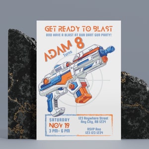 Invitation d'anniversaire de pistolet à fléchettes, invitation de pistolet à fléchettes cool, guerre de fléchettes, modèle modifiable, téléchargement immédiat, imprimable
