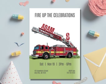 May include: A red fire engine with a ladder extended, a birthday invitation for Adam turning 8. The invitation says "Fire Up The Celebrations" and includes the date and time of the party.