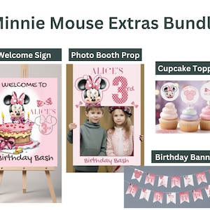 May include: Minnie Mouse themed party decorations bundle, including a welcome sign, photo booth prop, cupcake toppers, and a birthday banner. The welcome sign features a pink and white background with a cartoon Minnie Mouse holding a cake. The photo booth prop is a pink frame with a cutout for a photo and a cartoon Minnie Mouse on top. The cupcake toppers are round circles with a cartoon Minnie Mouse on each. The birthday banner is pink and white with the words "Happy Birthday" on it.