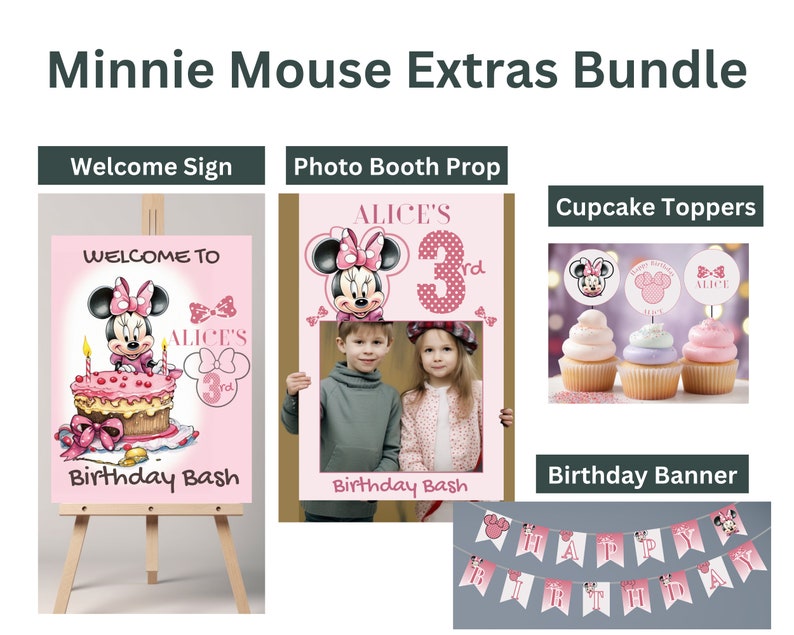 May include: Minnie Mouse themed party decorations bundle, including a welcome sign, photo booth prop, cupcake toppers, and a birthday banner. The welcome sign features a pink and white background with a cartoon Minnie Mouse holding a cake. The photo booth prop is a pink frame with a cutout for a photo and a cartoon Minnie Mouse on top. The cupcake toppers are round circles with a cartoon Minnie Mouse on each. The birthday banner is pink and white with the words "Happy Birthday" on it.