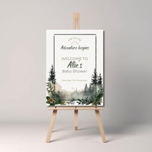 Letrero de bienvenida Let the Adventure Begin Baby Shower, Baby Shower de pinos, Bosque de árboles y montañas, Descarga instantánea, Imprimible