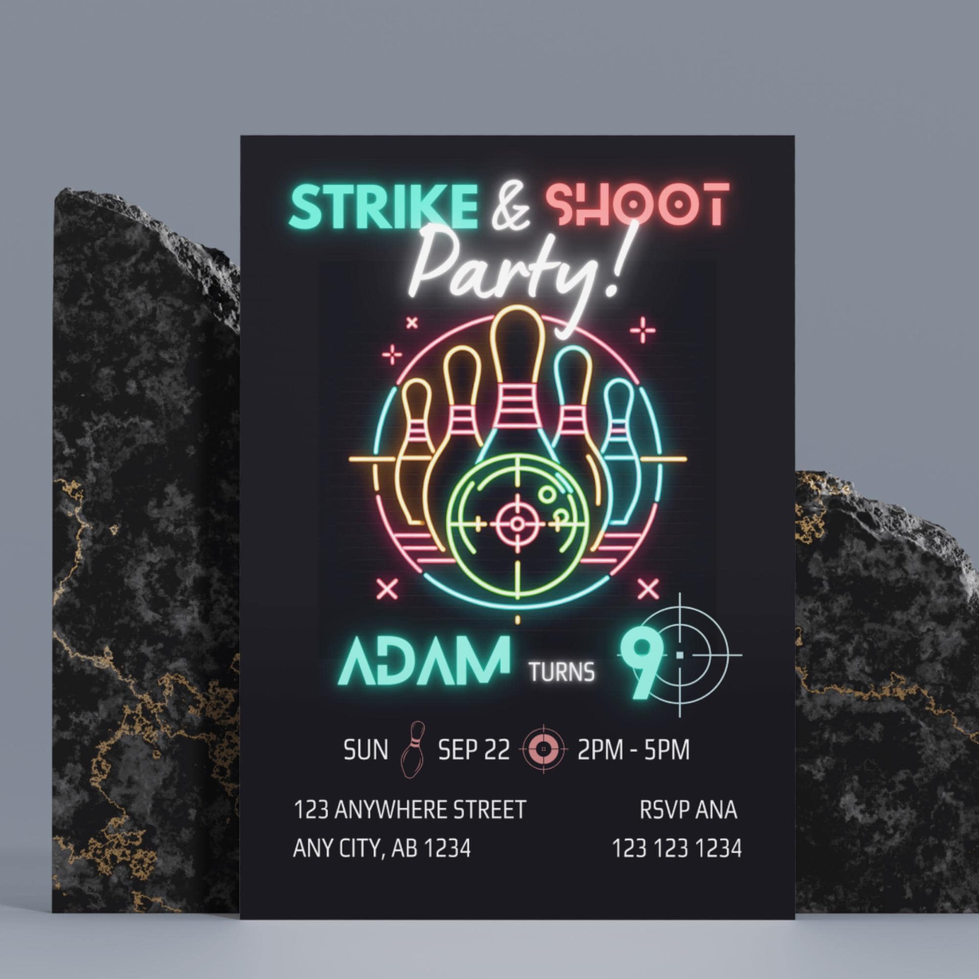 Laser Tag And Bowling Birthday Party Invitation, Neon Glow LaserTag invite Bowling Party Editable Template Instant Download Printable