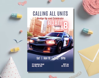 May include: A blue and white police car birthday party invitation with a red and white police car illustration. The invitation says "Calling All Units" and "Badge Up and Celebrate Adam Turning 8".