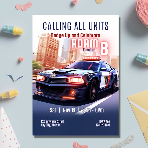 Police Birthday Invitation, Police Party Invite, Police Officer Party, Cop Car, Editable Template, Instant Download, Printable