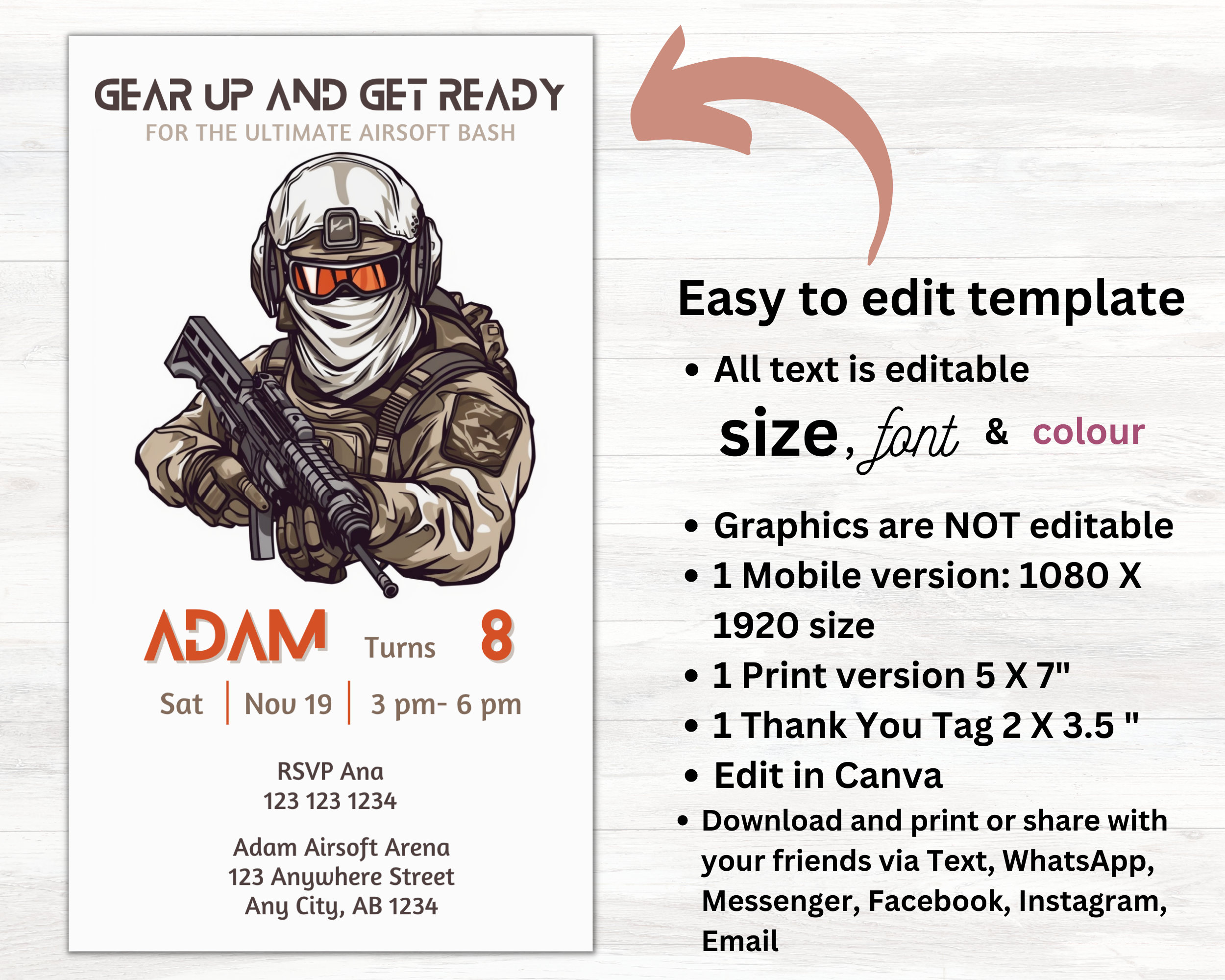 Editable Airsoft Birthday Invitation, Airsoft Party Invite, Airsoft