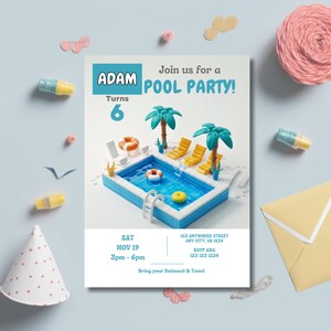 May include: A blue and white pool party invitation with a cartoon illustration of a pool, palm trees, and lounge chairs. The text reads "Join us for a POOL PARTY!" and "Adam Turns 6". The invitation includes the date, time, and address for the party.