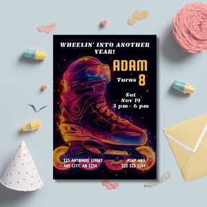 Puede incluir: Una invitación de cumpleaños con un diseño de patines de colores neón. El texto dice "Wheelin' into another year! Adam Turns 8 Sat Nov 19 3 pm - 6 pm 123 Anywhere Street Any City, AB 1234 RSVP Ana 123 123 1234".