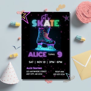 Verjaardagsuitnodiging schaatsen, glow skaten uitnodigen, schaatsuitnodiging, Glow Party, bewerkbare sjabloon, direct downloaden, afdrukbaar