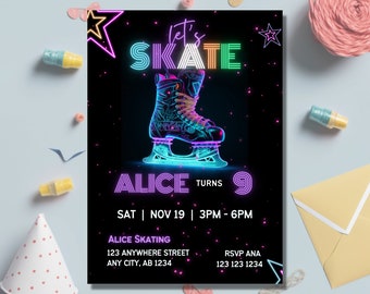 Ice Skating Birthday Invitation, Glow Skating Invite, Ice Skate Invitation, Glow Party, Editable template, Instant Download, Printable