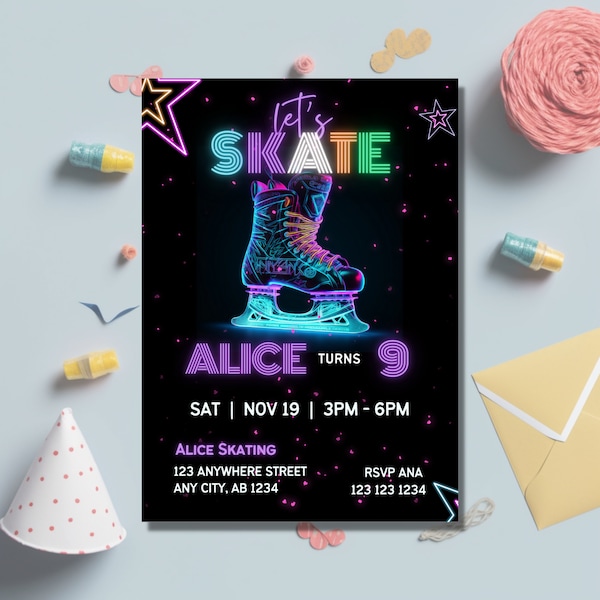 Ice Skating Birthday Invitation, Glow Skating Invite, Ice Skate Invitation, Glow Party, Editable template, Instant Download, Printable