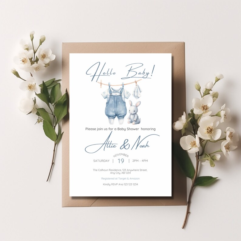 Minimalist Boy Baby Shower Invitation SET, Hello Baby Shower, Baby Clothes,Clothesline, DIY, Editable Digital Template, Instant Download image 2