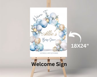 Welcome Sign for Minimalist Oh Boy Baby Shower Invitation Set, Blue Gold Balloon Invite, Editable Digital Template, Instant Download