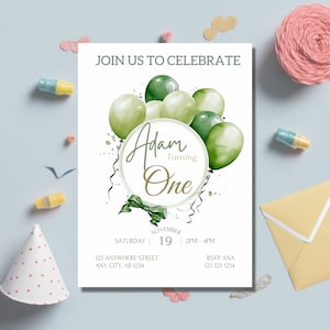 Green Birthday Invitation, Green Gold First Birthday Invite, Instant Digital Download, Printable Template