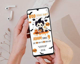 May include: A Halloween-themed birthday party invitation with a cartoon illustration of a baby dressed as a vampire. The invitation says "BOO-THDAY PARTY" and "ADAM TURNS 9".