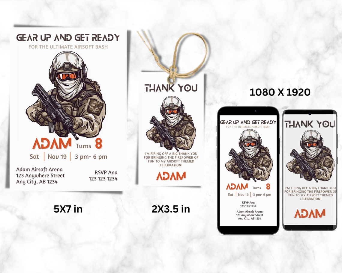 Editable Airsoft Birthday Invitation, Airsoft Party Invite, Airsoft