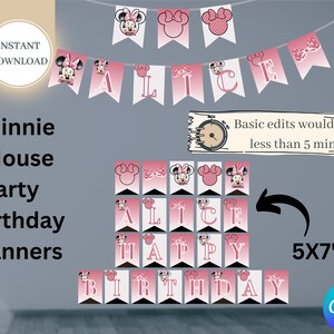 May include: Minnie Mouse party birthday banner printable with pink and white colors. The banner includes the words "Alice" and "Happy Birthday". The banner is 5x7 inches.