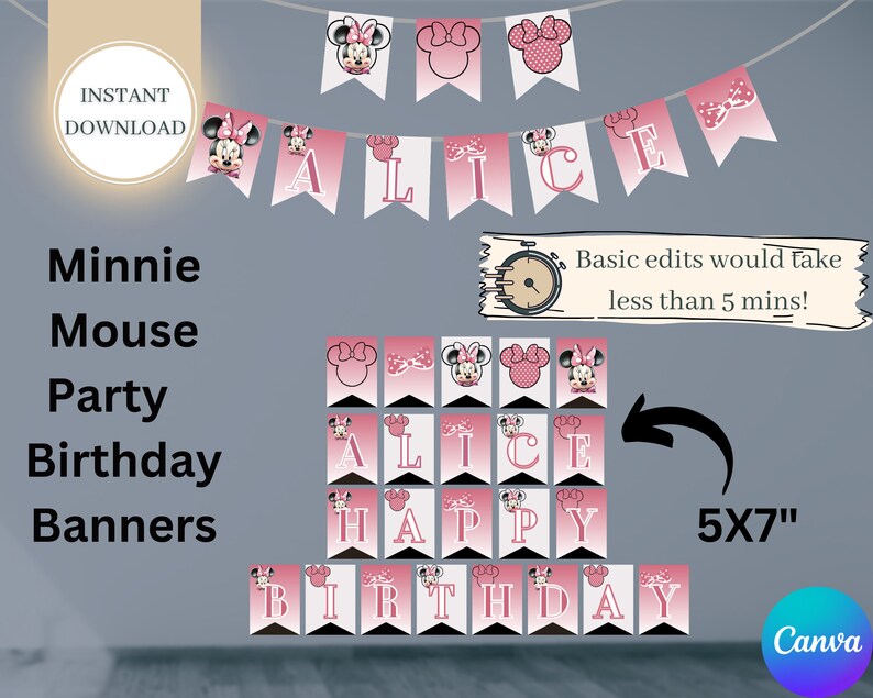 May include: Minnie Mouse party birthday banner printable with pink and white colors. The banner includes the words "Alice" and "Happy Birthday". The banner is 5x7 inches.