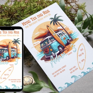 Surf Birthday Invitation, Surfing Invite, Surf&#39;s Up, Surfboard theme Party, Catch the big wave, Digital Editable Template, Instant Download