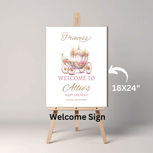 Welcome Sign for Elegant Princess Baby Shower Invitation, Princess Carriage Shower Invite, Rose Princess Gold, Instant Download, Printable