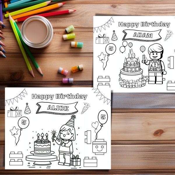 Bloques de construcción hojas para colorear de cumpleaños personalizadas, mantel individual para colorear, actividad de cumpleaños, descarga instantánea