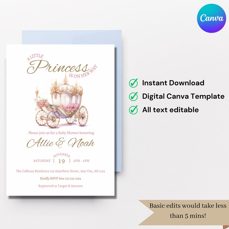 Elegant Princess Baby Shower Invitation SET, Princess Carriage Shower Invite, Rose Princess Gold