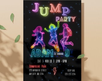 Trampoline Birthday Invitation: Neon Jump Party, Editable Template (Digital Download)