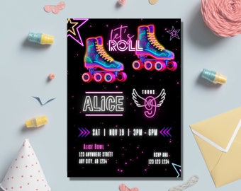 Roller Skating Birthday Invitation, Glow Skating Invite, Roller Skate Invitation, Glow Party, Editable template, Instant Download, Printable