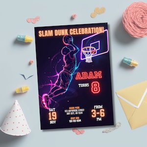 Convite de basquete, convite de aniversário de basquete neon, convite para festa de basquete brilhante, download instantâneo, modelo editável