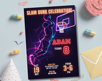 Neon Basketball Birthday Invitation: Editable Template (Digital Download)