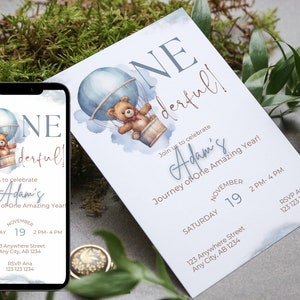 ONEderful Invitation, 1st Birthday Invitation, Hot Air Balloon Invite, 1st Birthday Party, Editable, Instant Download Template, Mobile