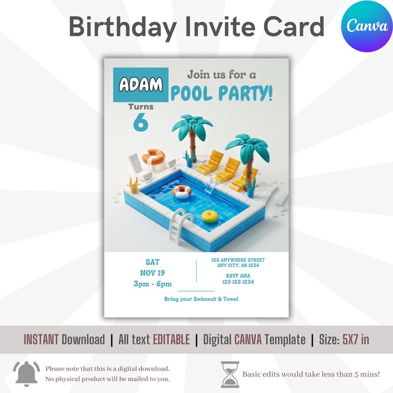 May include: A blue and white birthday party invitation for a pool party. The invitation features a cartoon illustration of a swimming pool with palm trees, lounge chairs, and a life preserver. The text on the invitation reads "Join us for a Pool Party!" and "Adam Turns 6".