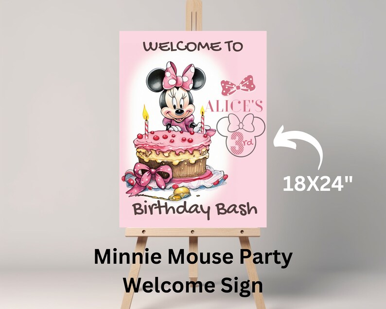 May include: A pink welcome sign with a Minnie Mouse illustration, a birthday cake, and the text "Welcome to Alice's 3rd Birthday Bash". The sign is 18 inches by 24 inches.