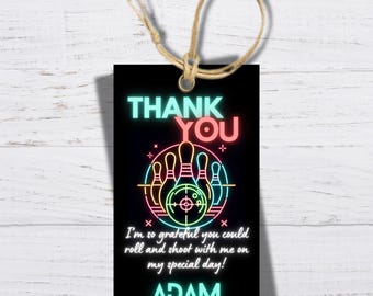 Laser Tag Bowling Thank You Tag: Neon Birthday Party (Editable Template, Instant Download)