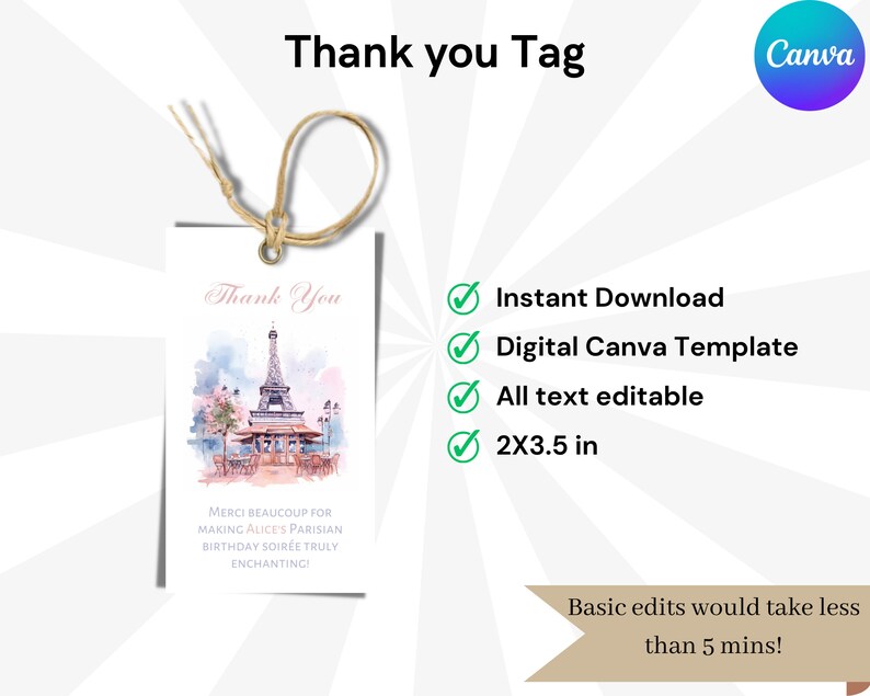 Thank You Tag Paris Birthday Invitation, French Patisserie, Parisian ...