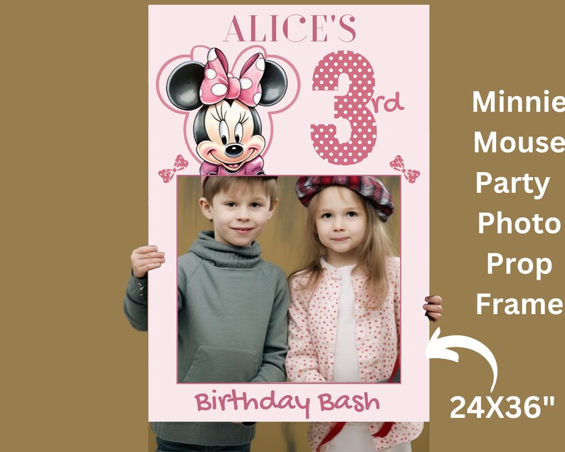 May include: Pink Minnie Mouse themed birthday party photo booth prop frame with a picture of two children. The frame says "Alice's 3rd Birthday Bash" and measures 24x36 inches.