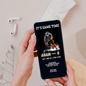 May include: A black and gold hockey-themed birthday invitation for an 8-year-old boy named Adam. The invitation features a graphic of a hockey player skating with a stick and puck. The text "IT'S GAME TIME" is at the top of the invitation. The invitation includes the date, time, and location of the party. RSVP information is also included.
