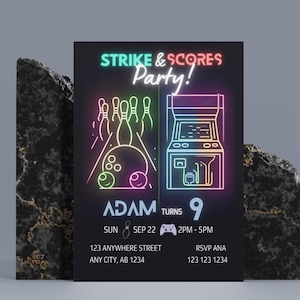 Arcade And Bowling Birthday Party Invitation, Neon Glow Arcade invite Bowling Party Editable Template Instant Download Printable