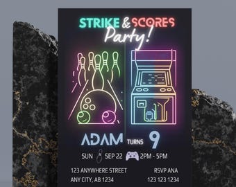 Neon Arcade Bowling Birthday Invitation: Editable Template (Digital Download)
