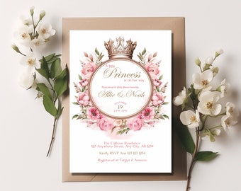 Princess Baby Shower Invitation: Pink Floral Gold (Digital Template)