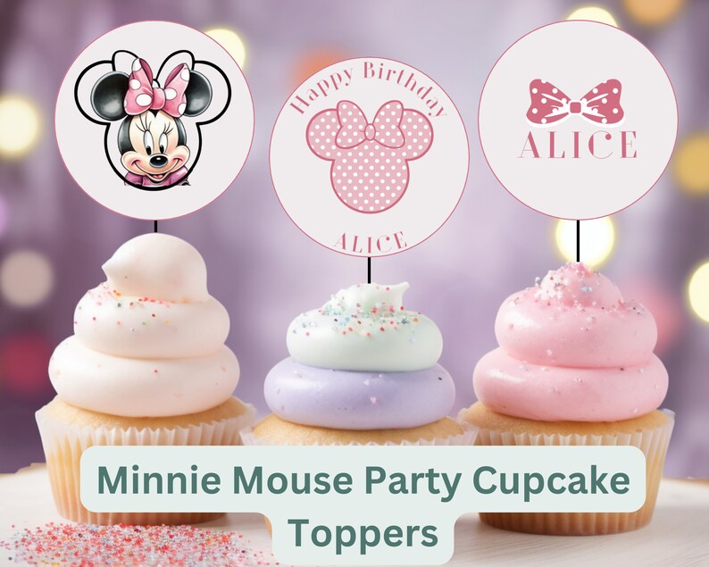 May include: Three pink and white cupcake toppers featuring Minnie Mouse. The toppers have a pink bow, a pink polka dot bow, and a pink polka dot head with ears. The toppers say "Happy Birthday Alice" and "Alice".