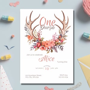 Woodland First Birthday Invitation: Rustic Floral Deer (Digital Download)