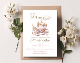 Elegant Princess Baby Shower Invitation, Princess Carriage Shower Invite, Rose Princess Gold, Royal Fairytale, Instant Download, Printable