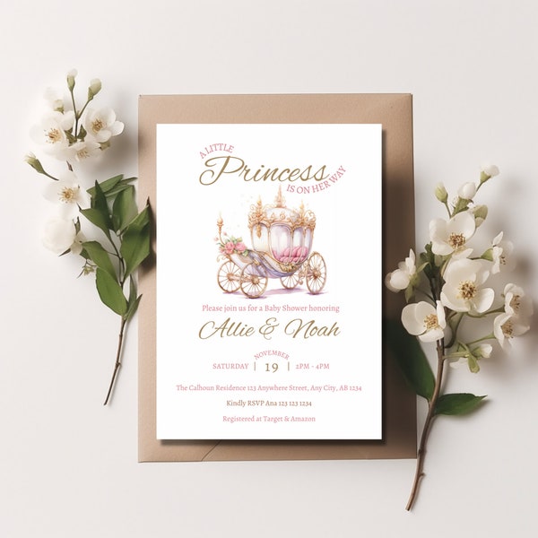 Elegante Prinzessin Baby Shower Einladung, Prinzessin Kutsche Dusche einladen, Rose Prinzessin Gold, königliche Märchen, Instant Download, printable