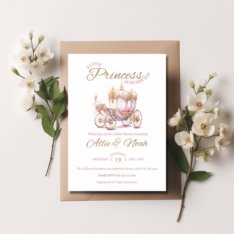 Elegant Princess Baby Shower Invitation SET, Princess Carriage Shower Invite, Rose Princess Gold