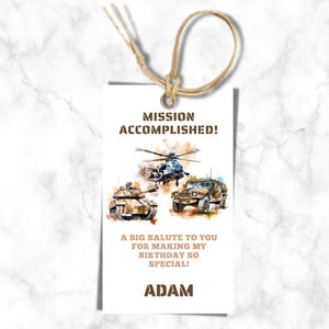 Étiquette de remerciement - Invitation d'anniversaire de l'armée, fête sur le thème militaire, camion, char et chopper Apache, modèles imprimables, téléchargement numérique