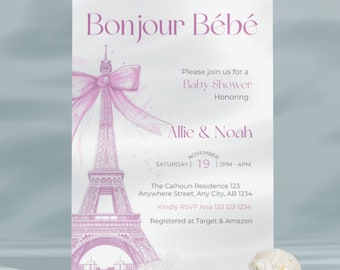 Uitnodiging babyshower Parijs: Bonjour Bébé, Eiffeltoren (afdrukbaar, direct downloaden)