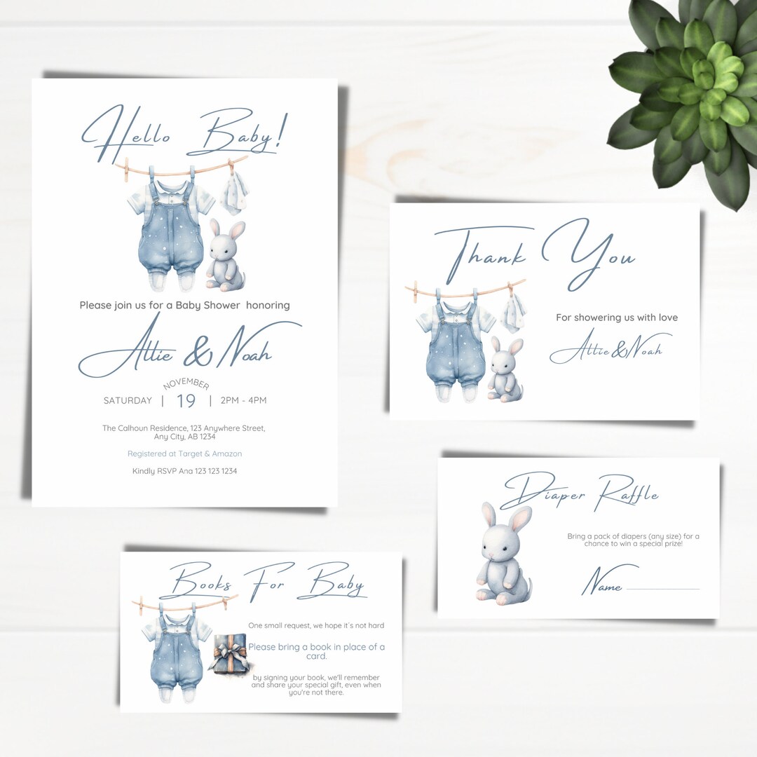 Minimalist Boy Baby Shower Invitation Set: Clothesline Design (digital ...